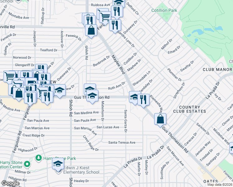 map of restaurants, bars, coffee shops, grocery stores, and more near 3223 Gus Thomasson Road in Dallas