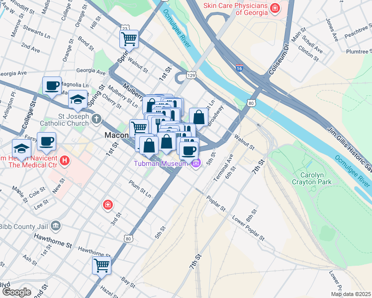 map of restaurants, bars, coffee shops, grocery stores, and more near 430 Cherry Street in Macon