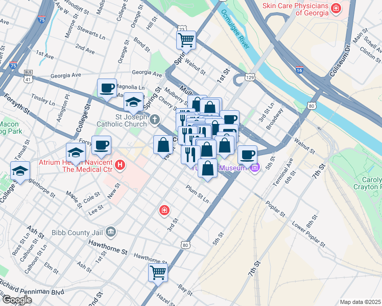 map of restaurants, bars, coffee shops, grocery stores, and more near 531 2nd Street in Macon