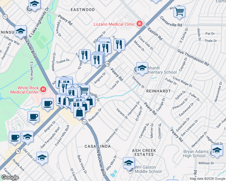 map of restaurants, bars, coffee shops, grocery stores, and more near 9818 Losa Drive in Dallas