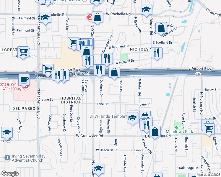 map of restaurants, bars, coffee shops, grocery stores, and more near Britainway Dr in Irving