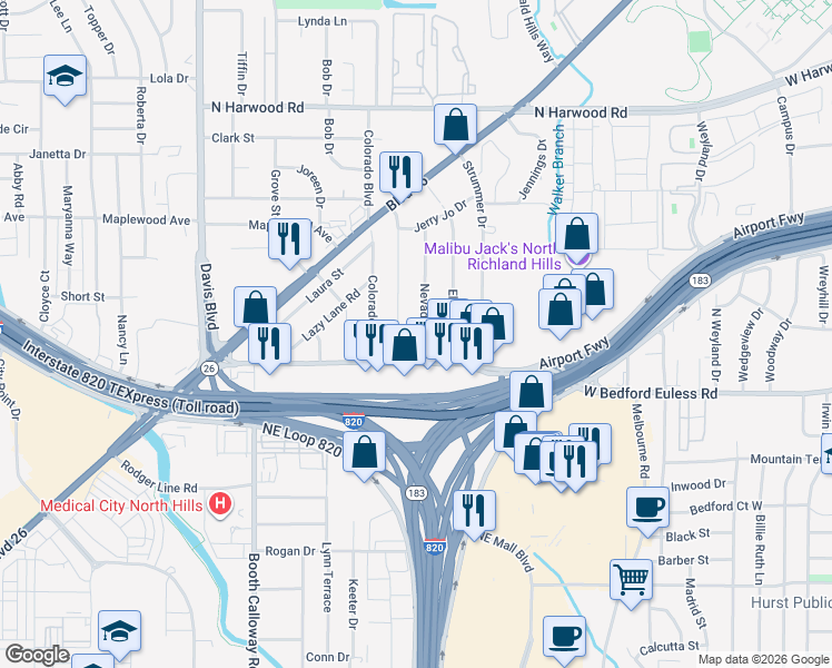map of restaurants, bars, coffee shops, grocery stores, and more near 4809 Nevada Trail in Fort Worth