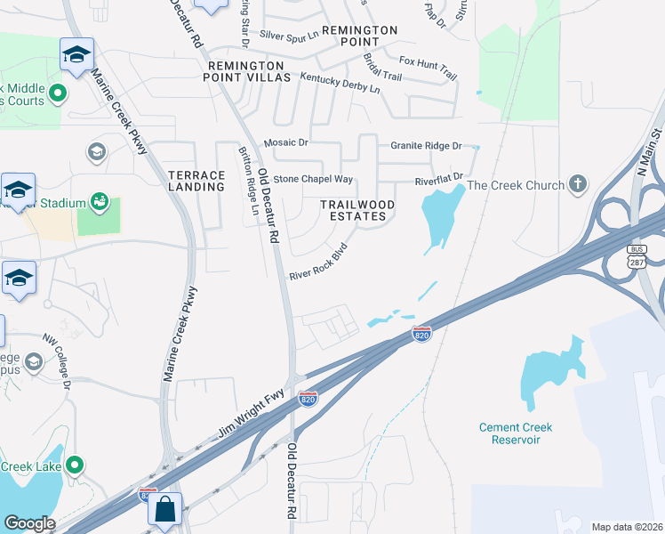 map of restaurants, bars, coffee shops, grocery stores, and more near 5056 River Rock Boulevard in Fort Worth