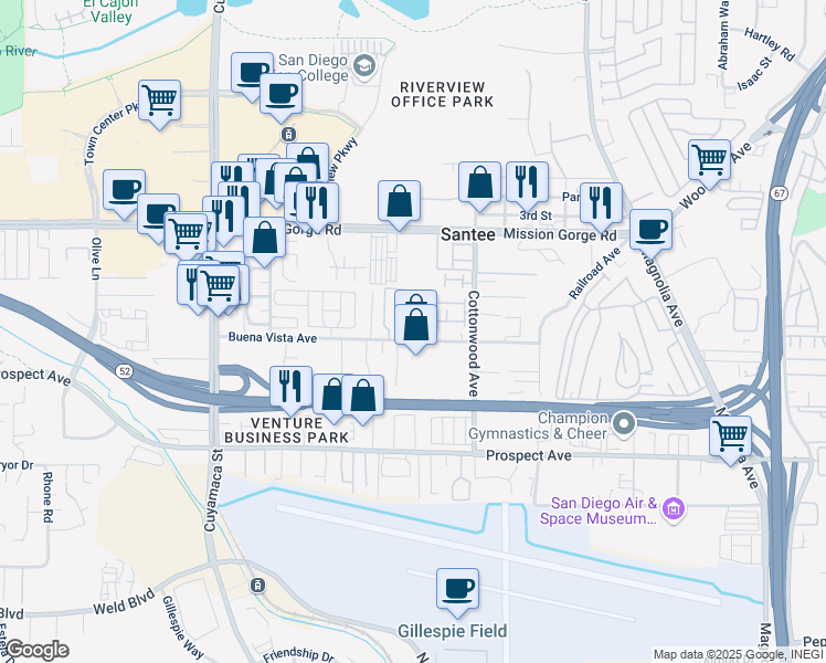 map of restaurants, bars, coffee shops, grocery stores, and more near 10158 Buena Vista Avenue in Santee