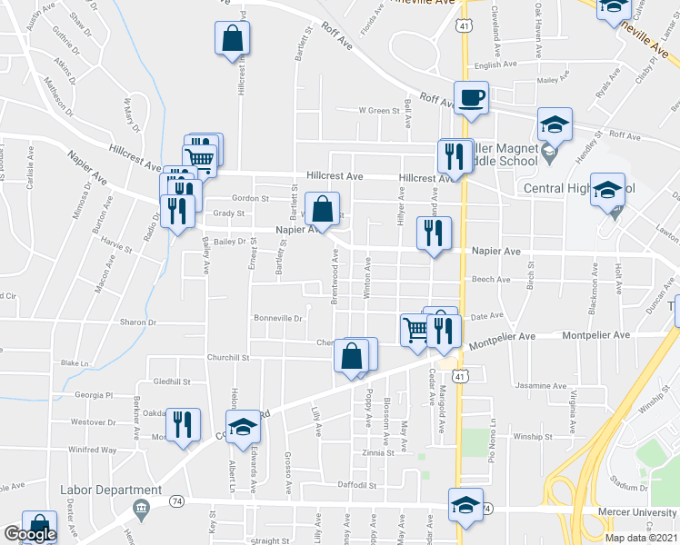 map of restaurants, bars, coffee shops, grocery stores, and more near 1182 Brentwood Avenue in Macon