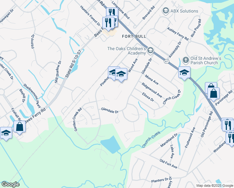 map of restaurants, bars, coffee shops, grocery stores, and more near 2120 Wood Avenue in Charleston