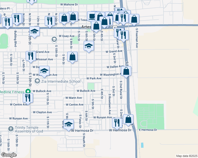 map of restaurants, bars, coffee shops, grocery stores, and more near 400 West Park Avenue in Artesia