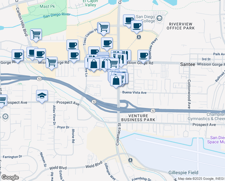 map of restaurants, bars, coffee shops, grocery stores, and more near 8772 Cuyamaca Street in Santee