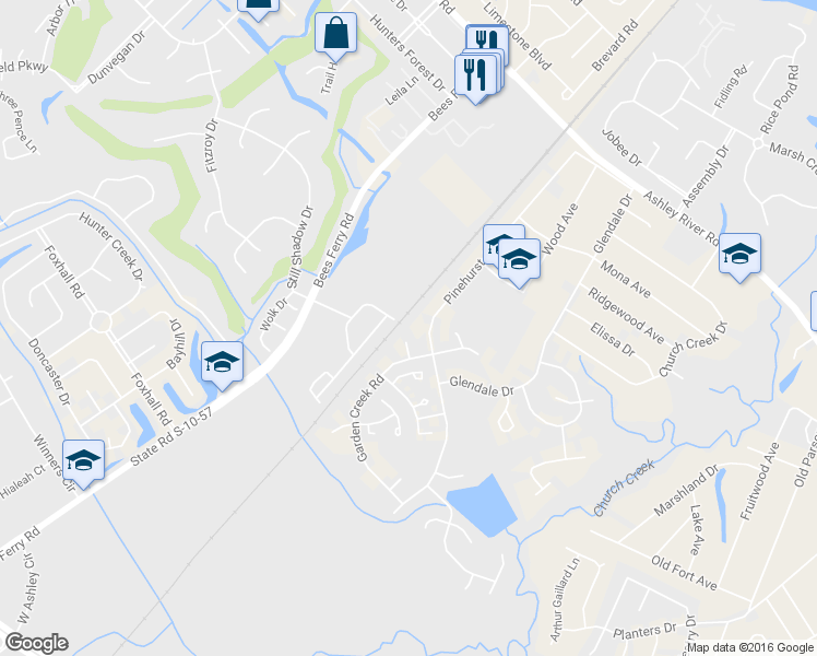 map of restaurants, bars, coffee shops, grocery stores, and more near 2110 Glen Oaks Court in Charleston