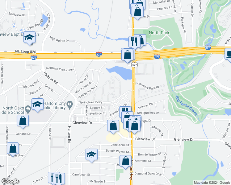 map of restaurants, bars, coffee shops, grocery stores, and more near 5801 Springlake Parkway in Haltom City