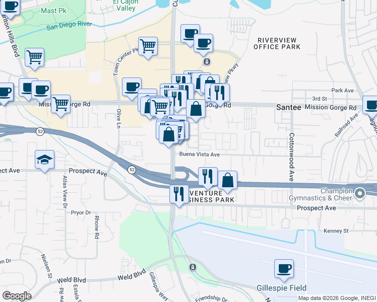 map of restaurants, bars, coffee shops, grocery stores, and more near 9848 Buena Vista Avenue in Santee