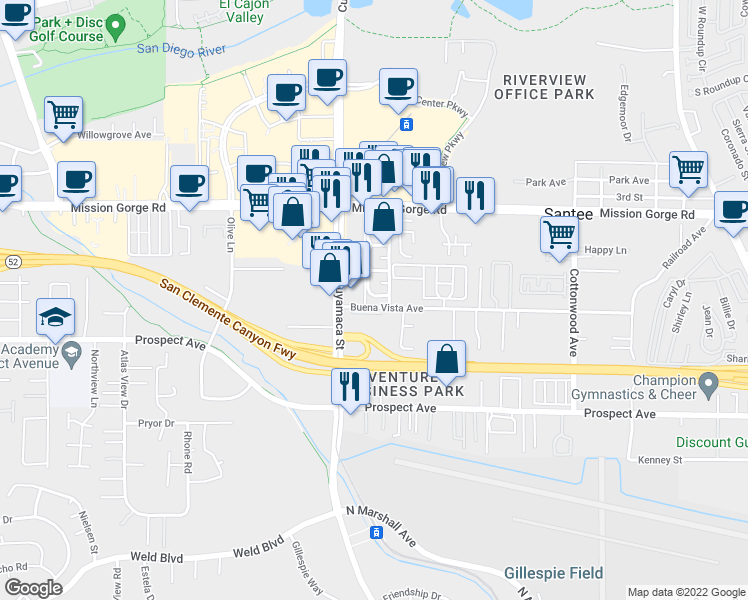 map of restaurants, bars, coffee shops, grocery stores, and more near 9852 Buena Vista Avenue in Santee