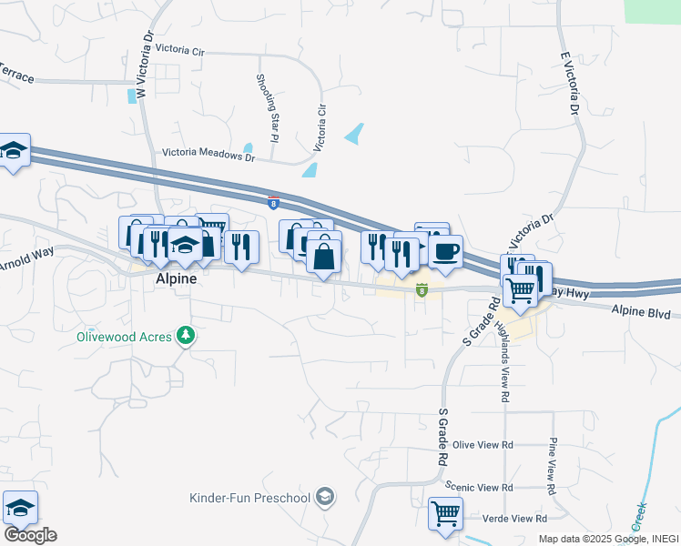 map of restaurants, bars, coffee shops, grocery stores, and more near 2554 Alpine Boulevard in Alpine