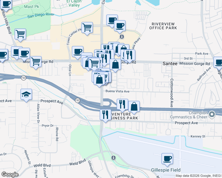 map of restaurants, bars, coffee shops, grocery stores, and more near 9848 Buena Vista Avenue in Santee