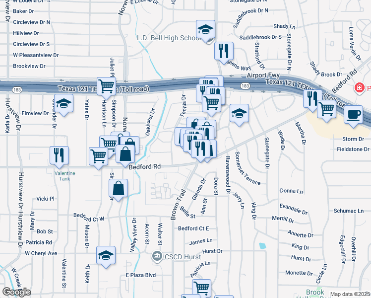 map of restaurants, bars, coffee shops, grocery stores, and more near 1307 Brown Trail in Bedford