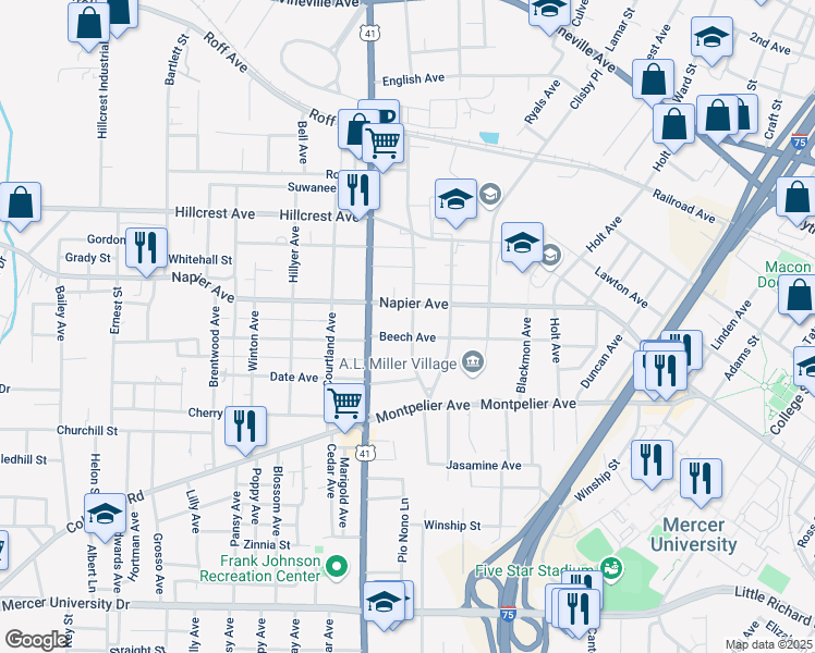 map of restaurants, bars, coffee shops, grocery stores, and more near 2525 Beech Avenue in Macon