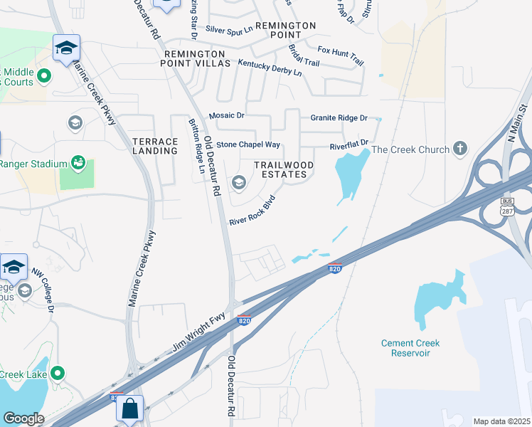 map of restaurants, bars, coffee shops, grocery stores, and more near 5056 River Rock Boulevard in Fort Worth