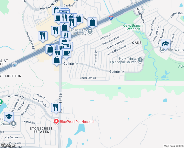 map of restaurants, bars, coffee shops, grocery stores, and more near 6517 Briarknoll Circle in Garland