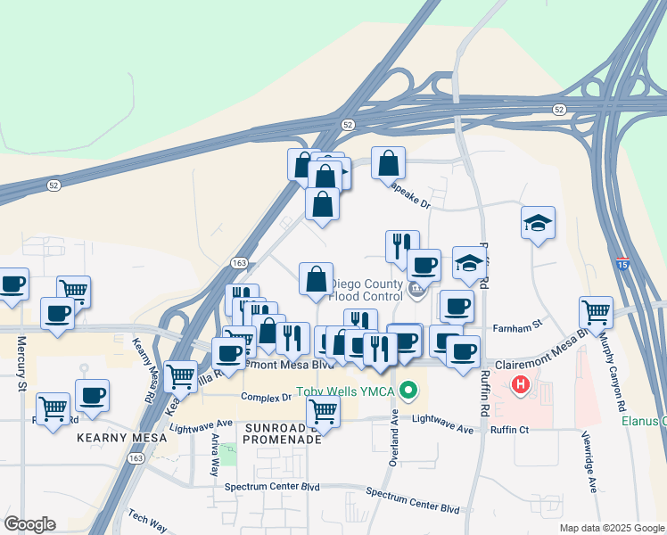 map of restaurants, bars, coffee shops, grocery stores, and more near 9191 Kearny Villa Court in San Diego