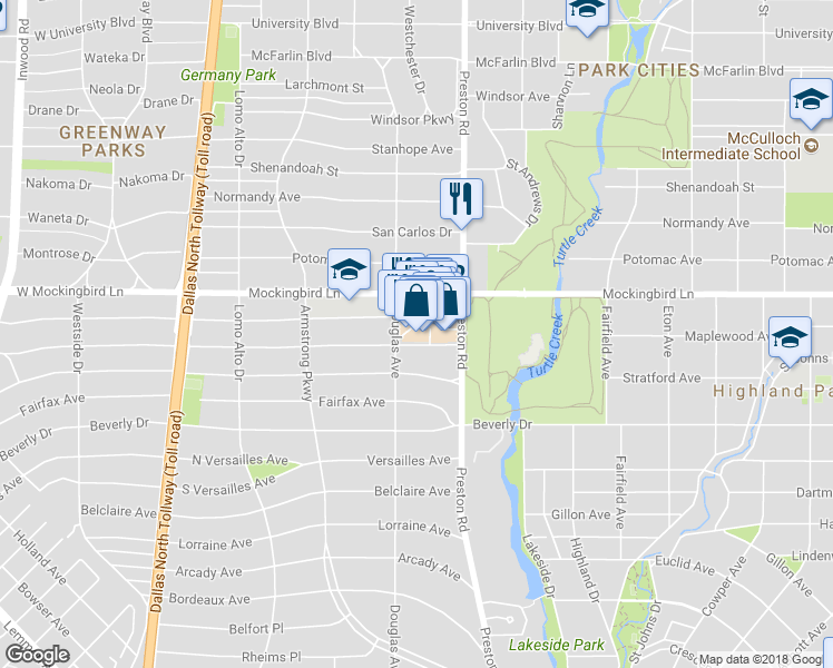 map of restaurants, bars, coffee shops, grocery stores, and more near 18 Highland Park Village in Dallas