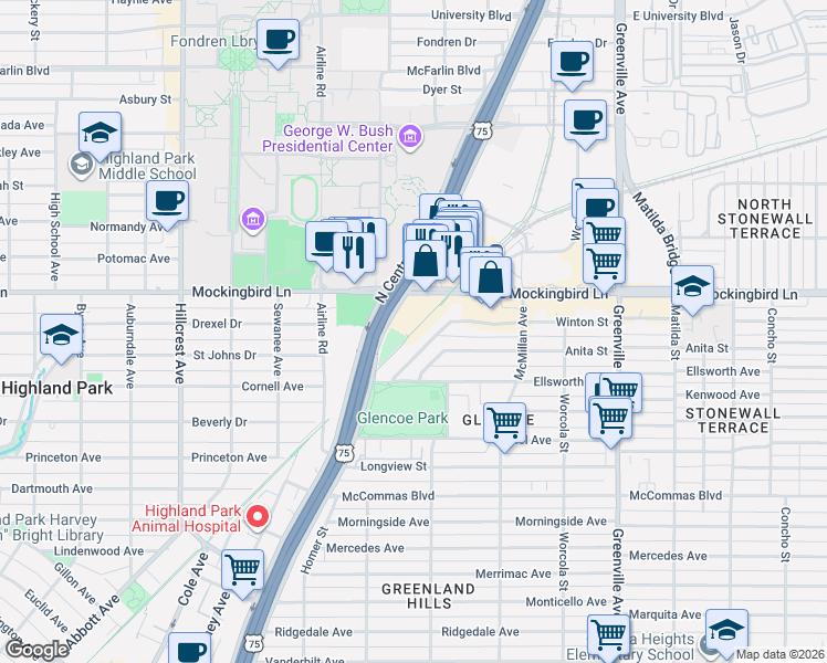 map of restaurants, bars, coffee shops, grocery stores, and more near University Crossing Trail in Dallas