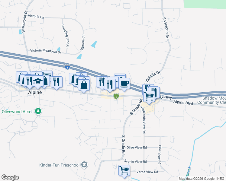 map of restaurants, bars, coffee shops, grocery stores, and more near 2710 Alpine Boulevard in Alpine
