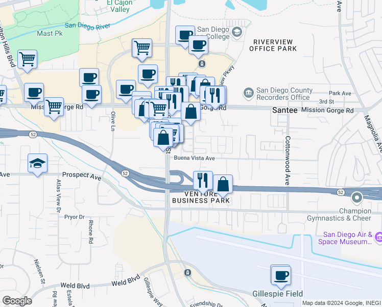 map of restaurants, bars, coffee shops, grocery stores, and more near 9856 Buena Vista Avenue in Santee