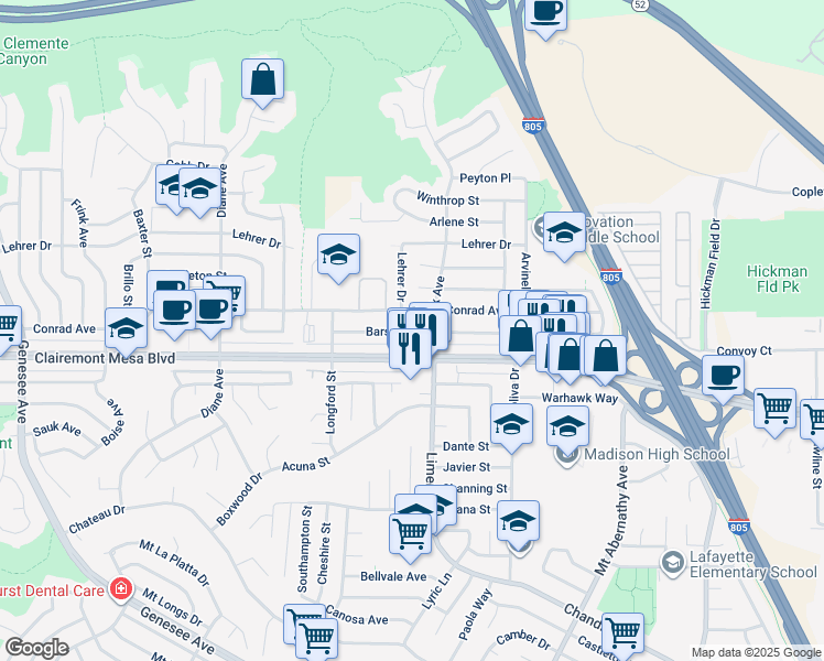 map of restaurants, bars, coffee shops, grocery stores, and more near 5131 Barstow Street in San Diego