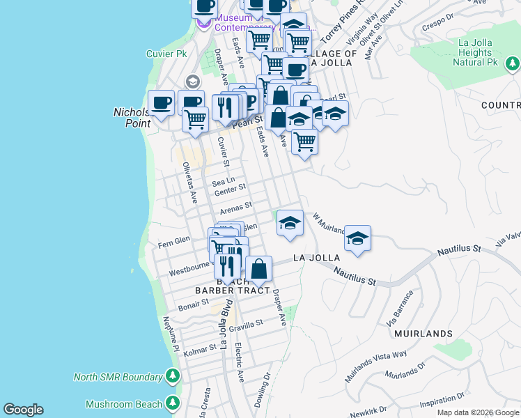 map of restaurants, bars, coffee shops, grocery stores, and more near 723 Rushville Street in San Diego