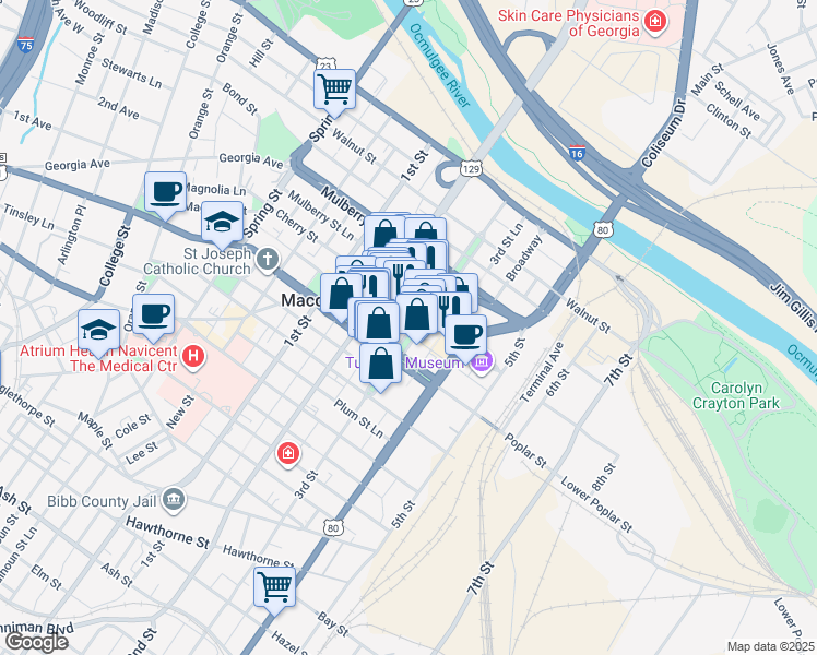 map of restaurants, bars, coffee shops, grocery stores, and more near 440 3rd Street in Macon
