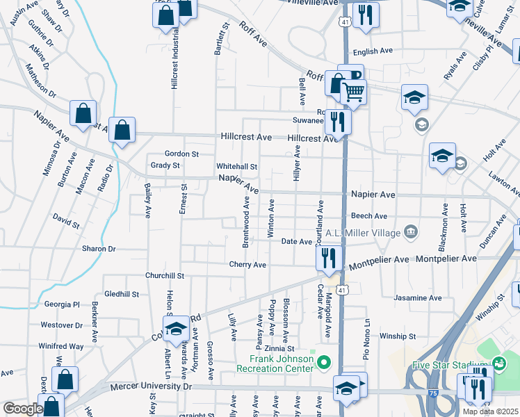 map of restaurants, bars, coffee shops, grocery stores, and more near 2773 Beech Avenue in Macon