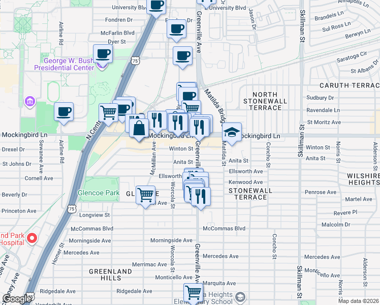 map of restaurants, bars, coffee shops, grocery stores, and more near 5627 Anita Street in Dallas