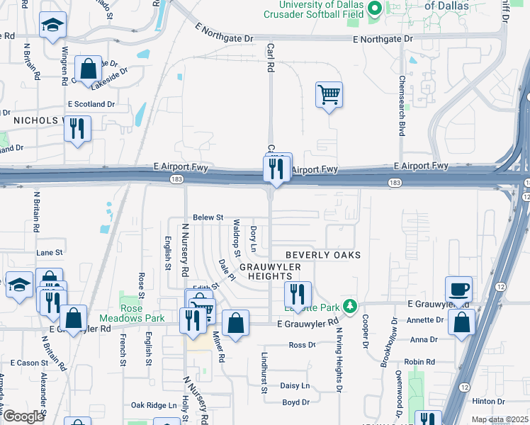 map of restaurants, bars, coffee shops, grocery stores, and more near 1302 Belew Street in Irving