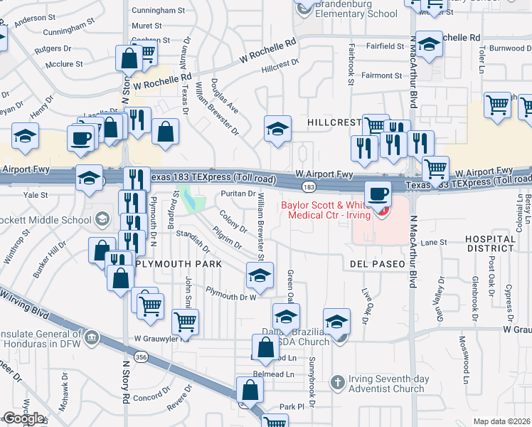 map of restaurants, bars, coffee shops, grocery stores, and more near 2006 William Brewster Street in Irving