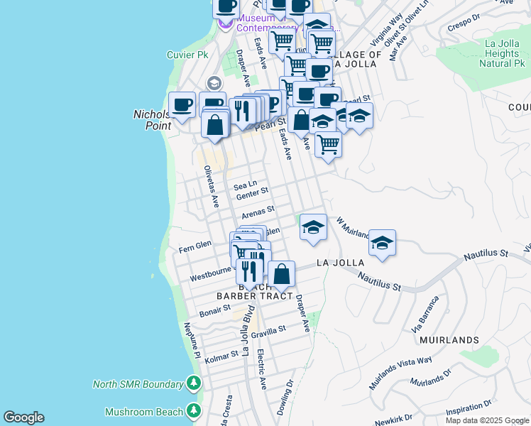 map of restaurants, bars, coffee shops, grocery stores, and more near 627 Arenas Street in San Diego