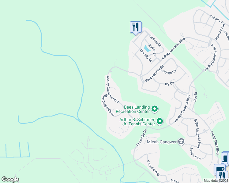 map of restaurants, bars, coffee shops, grocery stores, and more near 1470 Ashley Garden Boulevard in Charleston
