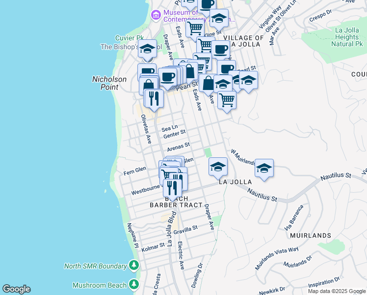 map of restaurants, bars, coffee shops, grocery stores, and more near 627 Arenas Street in San Diego