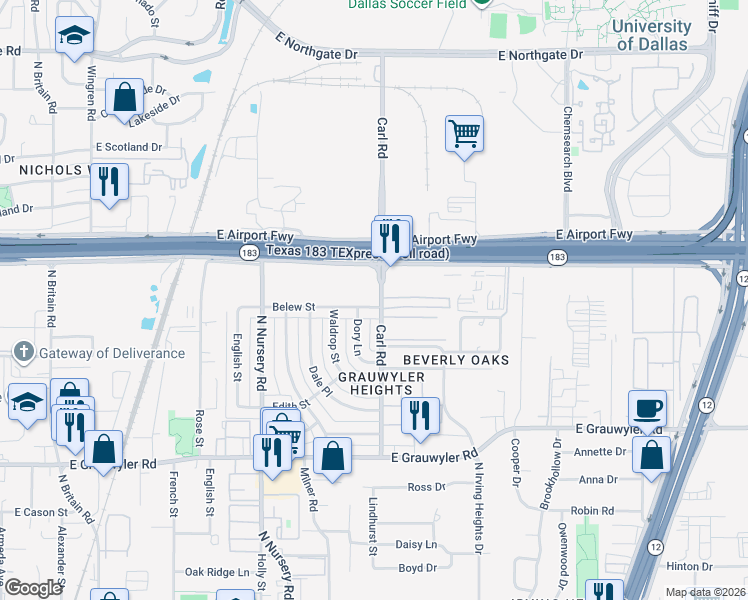 map of restaurants, bars, coffee shops, grocery stores, and more near 1302 Belew Street in Irving