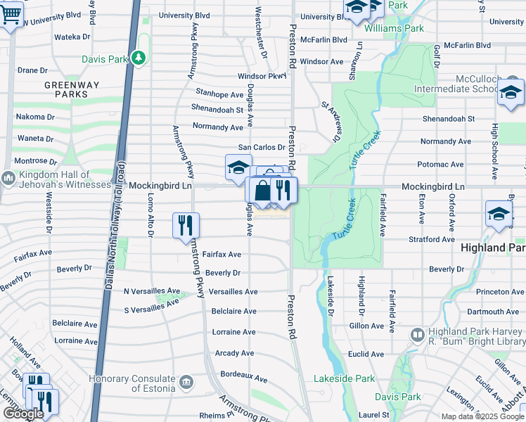map of restaurants, bars, coffee shops, grocery stores, and more near 18 Highland Park Village in Dallas