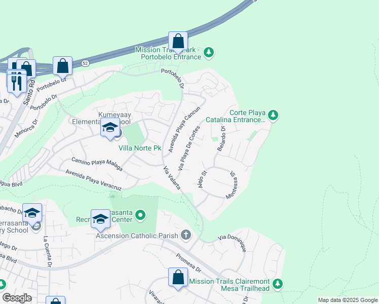 map of restaurants, bars, coffee shops, grocery stores, and more near 11423 Via Playa De Cortes in San Diego