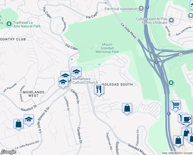 map of restaurants, bars, coffee shops, grocery stores, and more near 6605 Caminito Scioto in San Diego