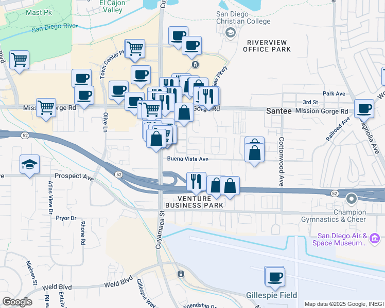 map of restaurants, bars, coffee shops, grocery stores, and more near 9918 Buena Vista Avenue in Santee