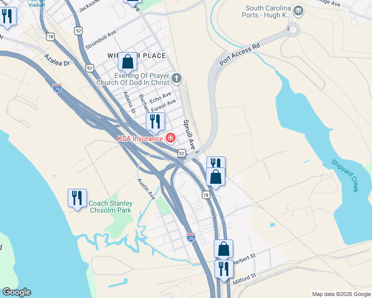 map of restaurants, bars, coffee shops, grocery stores, and more near in North Charleston