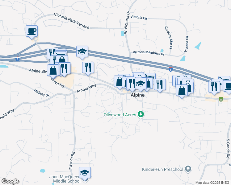 map of restaurants, bars, coffee shops, grocery stores, and more near 2101 Arnold Way in Alpine