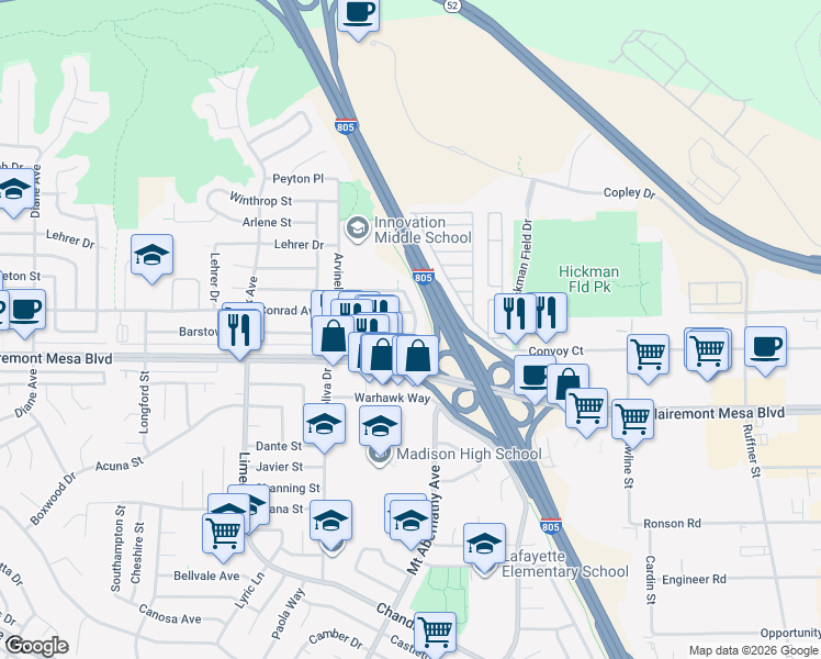 map of restaurants, bars, coffee shops, grocery stores, and more near 4970 Mable Way in San Diego