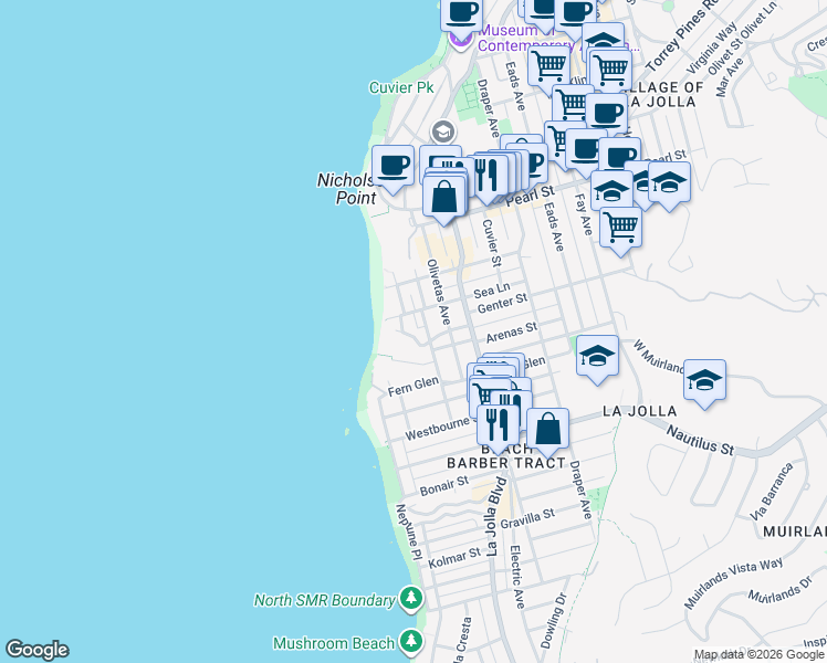 map of restaurants, bars, coffee shops, grocery stores, and more near 346 Dunemere Drive in San Diego
