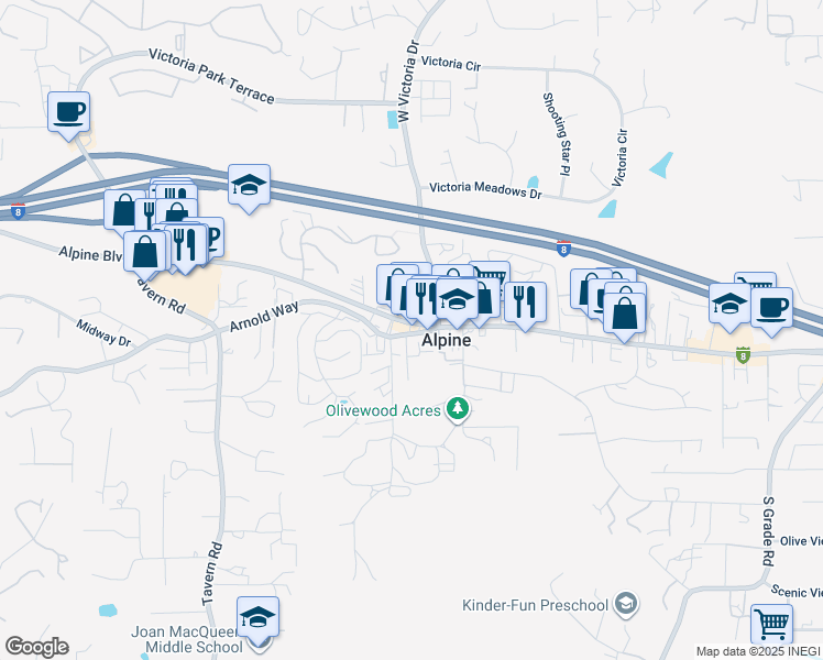 map of restaurants, bars, coffee shops, grocery stores, and more near 2147 Alpine Boulevard in Alpine