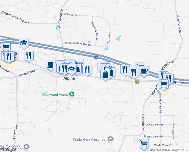 map of restaurants, bars, coffee shops, grocery stores, and more near 1434 Ramsey Road in Alpine