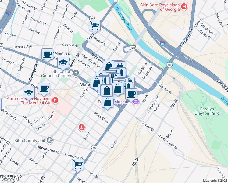 map of restaurants, bars, coffee shops, grocery stores, and more near 440 3rd Street in Macon