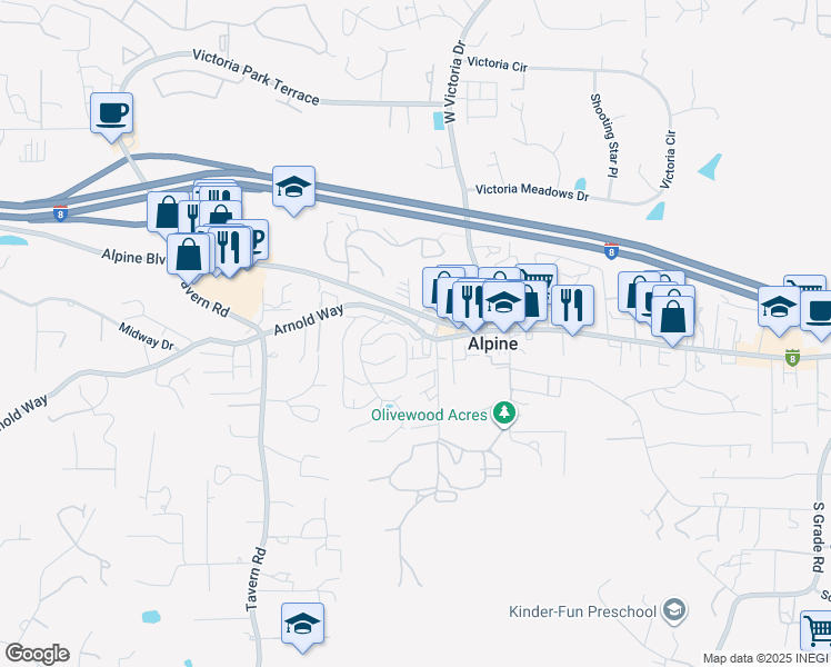 map of restaurants, bars, coffee shops, grocery stores, and more near 2107 Arnold Way in Alpine